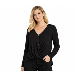 White Willow Women's Size XS Black Long Sleeve Waffle Wrap Surplice Blouse